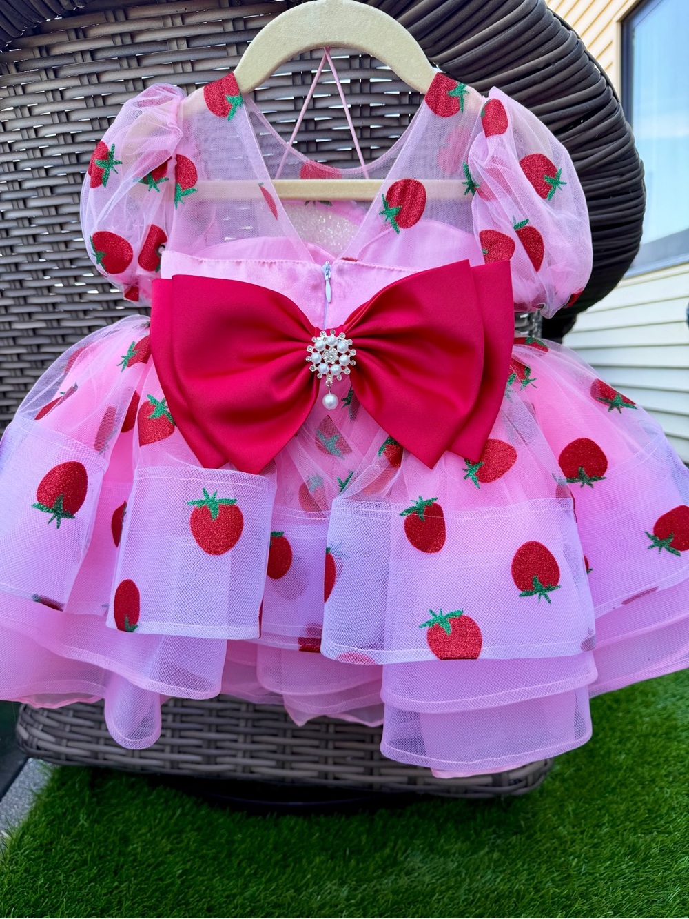 Pink Strawberry Tulle Party Dress with Red Bow